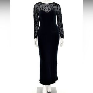 Vintage EUC Oleg Cassini Black Long Sleeve Semi Sheer Beaded Dress Low Cut Back